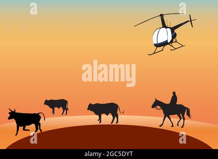 outback Australia Herumtreiben von Rindern mit dem Hubschrauber und auf dem Rücken des Pferdes Stock Vektor