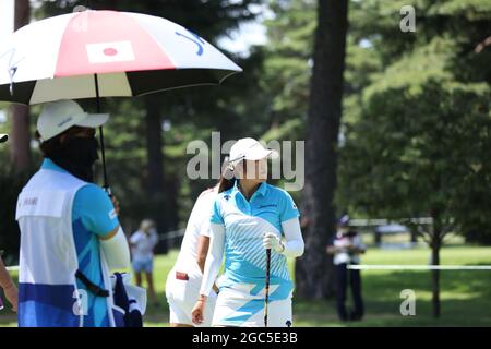 Saitama, Japan. August 2021. Mone Inami (JPN) Golf : Frauen individuelle Stroke spielen Runde 3 auf 14. Loch während der Olympischen Spiele in Tokio 2020 im Kasumigaseki Country Club in Saitama, Japan . Quelle: AFLO/Alamy Live News Stockfoto