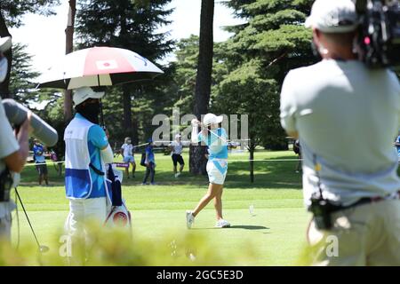 Saitama, Japan. August 2021. Mone Inami (JPN) Golf : Frauen individuelle Stroke spielen Runde 3 auf 14. Loch während der Olympischen Spiele in Tokio 2020 im Kasumigaseki Country Club in Saitama, Japan . Quelle: AFLO/Alamy Live News Stockfoto