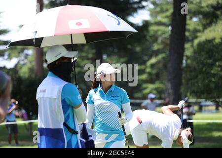 Saitama, Japan. August 2021. Mone Inami (JPN) Golf : Frauen individuelle Stroke spielen Runde 3 auf 14. Loch während der Olympischen Spiele in Tokio 2020 im Kasumigaseki Country Club in Saitama, Japan . Quelle: AFLO/Alamy Live News Stockfoto