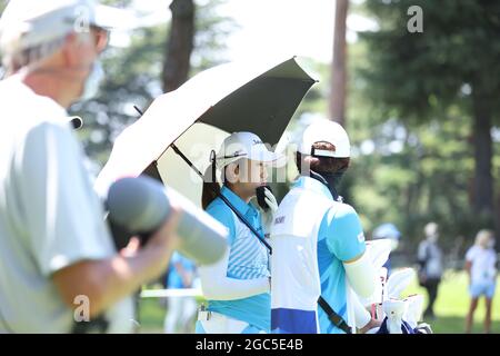 Saitama, Japan. August 2021. Mone Inami (JPN) Golf : Frauen individuelle Stroke spielen Runde 3 auf 14. Loch während der Olympischen Spiele in Tokio 2020 im Kasumigaseki Country Club in Saitama, Japan . Quelle: AFLO/Alamy Live News Stockfoto