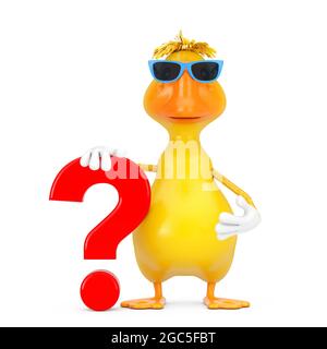 Niedliche gelbe Cartoon-Ente-Person-Maskottchen mit rotem Fragezeichen auf weißem Hintergrund. 3d-Rendering Stockfoto