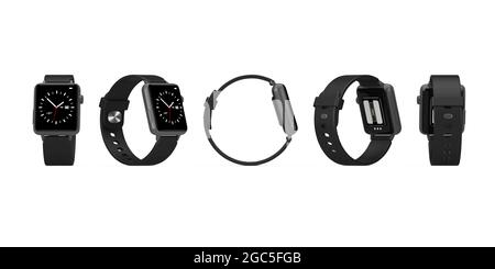 Set aus schwarzem Modern Smart Watch Mockup mit Armband in unterschiedlicher Position auf weißem Hintergrund. 3d-Rendering Stockfoto