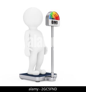 3d-Charakter Person auf einer medizinischen Gewichtskontrolle Bodenskala mit BMI- oder Body Mass Index-Skala Messuhr auf weißem Hintergrund. 3d-Rendering Stockfoto