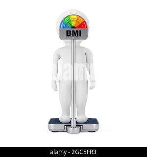 3d-Charakter Person auf einer medizinischen Gewichtskontrolle Bodenskala mit BMI- oder Body Mass Index-Skala Messuhr auf weißem Hintergrund. 3d-Rendering Stockfoto