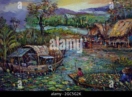 Kunst Malerei Ölfarbe Hut nordöstlich Thailand Landschaft , Floating Markt Stockfoto