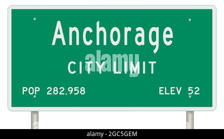 Rendering eines grünen Alaska Highway Schild mit Stadt-Informationen Stockfoto