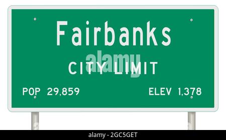 Rendering eines grünen Alaska Highway Schild mit Stadt-Informationen Stockfoto