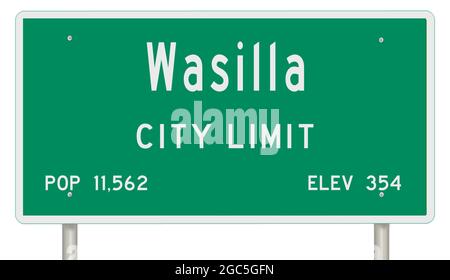 Rendering eines grünen Alaska Highway Schild mit Stadt-Informationen Stockfoto