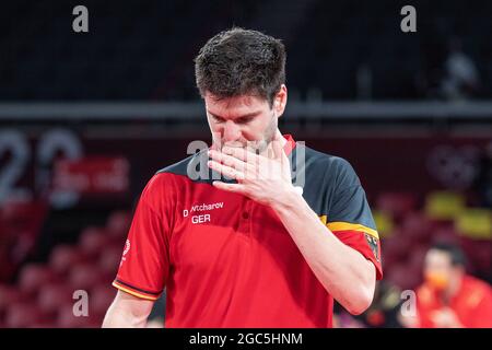 Diwidrij OVTCHAROV (GER) ist frustrierter; Tischtennis, Team, Männer, Finale/Kampf um Gold China (CHN) - Deutschland (GER) 3: 0, das chinesische Team ist Olympiasieger, am 7. August 2021; Olympische Sommerspiele 2020, ab 23.07. - 08.08.2021 in Tokio/Japan. Stockfoto