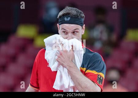 Timo BOLL (GER) ist frustriert; Tischtennis, Team, Männer, Finale/Kampf um Gold China (CHN) - Deutschland (GER) 3: 0, das chinesische Team ist Olympiasieger, am 7. August 2021; Olympische Sommerspiele 2020, ab 23.07. - 08.08.2021 in Tokio/Japan. Stockfoto