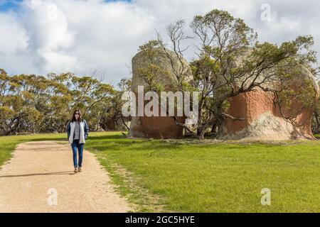 Riesige rote Granitfelsen, die als Murphy's Heuhaufen bekannt sind, sind eine Touristenattraktion auf dem Ackerland in der Nähe der Streaky Bay auf der Eyre Peninsula in Südaustralien. Stockfoto