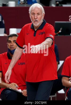 US-Cheftrainer Gregg Popovich beim Spiel der Männer mit der Goldmedaille in der Saitama Super Arena am 15. Tag der Olympischen Spiele 2020 in Tokio in Japan. Bilddatum: Samstag, 7. August 2021. Stockfoto