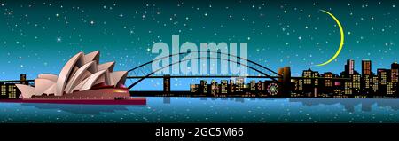 Australische Stadt Sydney. Die Sterne und der Mond leuchten am Nachthimmel. Die Stadt ist mit bunten Lichtern beleuchtet. Stock Vektor