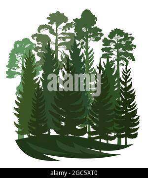 Wald Silhouette Szene. Landschaft mit Nadelbäumen. Wunderschöne Aussicht. Kiefern- und Fichtenbäume. Sommer Natur. Isolierter Illustrationsvektor Stock Vektor