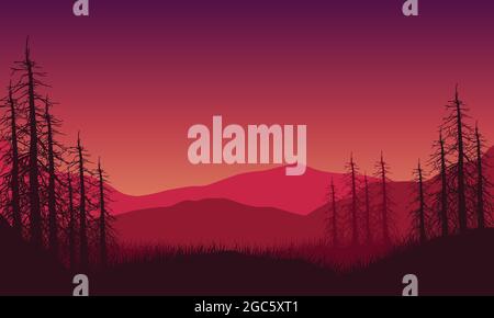 Fantastische Aussicht auf die Berge mit trockenen Baumsilhouetten aus der Stadt in der Abenddämmerung am Nachmittag. Vektordarstellung einer Stadt Stock Vektor