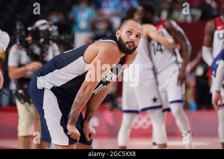 Tokio, Japan. August 2021. Evan FOURNIER (10) aus Frankreich während der Olympischen Spiele Tokio 2020, Basketball-Goldmedaillenspiel, Frankreich - Vereinigte Staaten am 7. August 2021 in der Saitama Super Arena in Tokio, Japan - Foto Ann-Dee Lamour / CDP MEDIA / DPPI Credit: DPPI Media/Alamy Live News Stockfoto