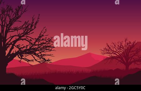 Panorama der Berge mit einer fantastischen trockenen Baumsilhouette aus dem Land in der Dämmerung am Nachmittag. Vektordarstellung einer Stadt Stock Vektor