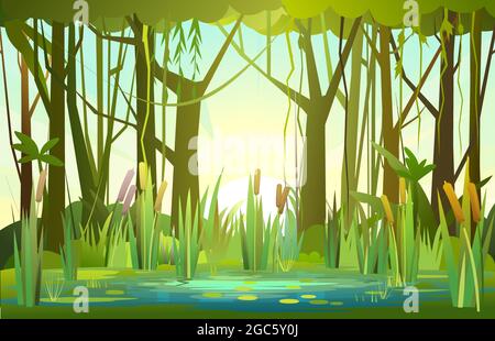 Sommer Waldlandschaft mit einem Teich. Ufer eines Flusses oder Sees. Sonnenaufgang am Morgen. Bäume und Dickicht. Sumpfdarstellung. Flacher Style. Dschungel im Stock Vektor
