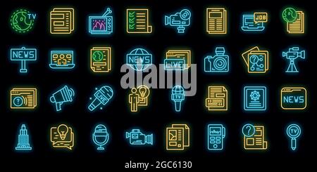 Symbole für die Anzeige von Bildern eingestellt. Umreißt einen Satz von reportage Vektor-Symbolen in Neonfarbe auf Schwarz Stock Vektor
