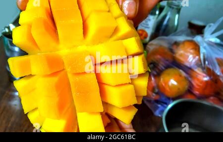 Perfekte Mango-Scheibe in Würfel geschnitten. Weibliche Hände halten frische, saftige Mango Stockfoto