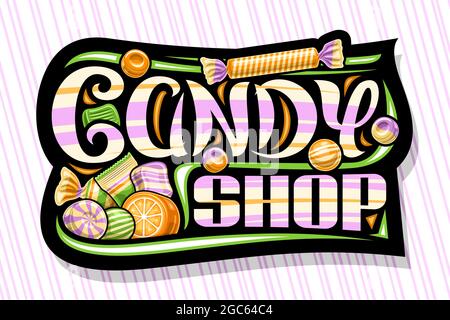 Vektor-Logo für Candy Shop, dunkle dekorative Schild mit Illustration von verschiedenen Verpackung und gestreiften leckeren Süßigkeiten, Banner mit einzigartigen Pinsel lett Stock Vektor