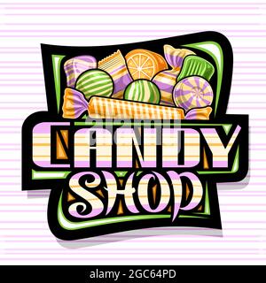 Vektor-Logo für Candy Shop, dunkle dekorative Schild mit Illustration von verschiedenen Verpackung und gestreiften niedlichen Bonbons, Poster mit einzigartigen Pinsel lette Stock Vektor