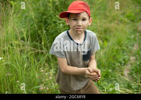 Das Kind pflückt Beeren. Gehen Sie den Jungen in der Natur. Ein Kind im Sommer fand etwas im Gras. Stockfoto