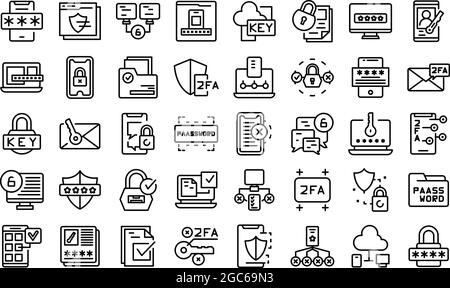 Zwei-Faktor-Authentifizierungssymbole setzen den Umrissvektor. Code-Zertifikat. Online-Validierung Stock Vektor
