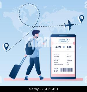 Männlicher Hipster-Reisender mit Koffer und Smartphone, Online-Check-in, Bordkarte der Fluggesellschaft Ticket mit Barcode auf Handy-Bildschirm, Vector illus Stock Vektor
