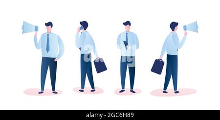 Set von Geschäftsleuten oder Büroangestellte, Männer mit Megaphon und Smartphones, isoliert auf weißem Hintergrund, trendige Stil Vektor-Illustration Stock Vektor