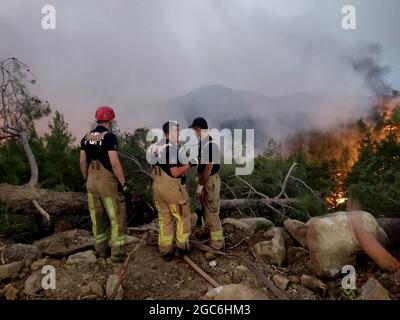 Milas, Türkei. August 2021. IMM (Istanbul Metropolitan Municipality) Teams arbeiten daran, dass die Waldbrände, die im Stadtteil Manavgat von Antalya und in den Bezirken Marmaris und Bodrum von Mugla ausbrechen, am sechsten Tag weitergeführt werden. Das İBB-Team arbeitet in der Region unter schwierigen Bedingungen mit 273 Mitarbeitern, 44 Fahrzeugen und Ausrüstung. Ein Team von 8 Personen, darunter 6 Tierärzte, ist in der Region, um unsere lieben Freunde am Leben zu retten und die Verletzten zu behandeln. Das Team von IMM, Mugla Bodrum, hat gestern auch bei den Bränden um das Thermalkraftwerk Kemerkoy eingegriffen und die Arbeiten gehen weiter Stockfoto