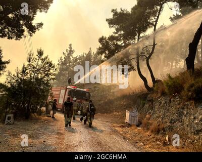 Milas, Türkei. August 2021. IMM (Istanbul Metropolitan Municipality) Teams arbeiten daran, dass die Waldbrände, die im Stadtteil Manavgat von Antalya und in den Bezirken Marmaris und Bodrum von Mugla ausbrechen, am sechsten Tag weitergeführt werden. Das İBB-Team arbeitet in der Region unter schwierigen Bedingungen mit 273 Mitarbeitern, 44 Fahrzeugen und Ausrüstung. Ein Team von 8 Personen, darunter 6 Tierärzte, ist in der Region, um unsere lieben Freunde am Leben zu retten und die Verletzten zu behandeln. Das Team von IMM, Mugla Bodrum, hat gestern auch bei den Bränden um das Thermalkraftwerk Kemerkoy eingegriffen und die Arbeiten gehen weiter Stockfoto