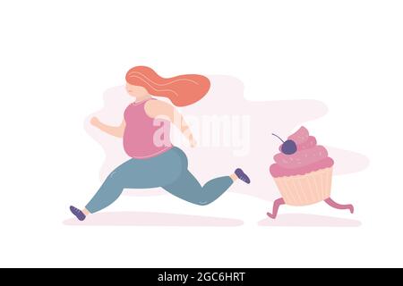 Unglücklich fette Mädchen läuft weg von einem großen Cupcake, Frau Angst vor dem Problem von Übergewicht und übermäßiges Essen, trendigen Stil Vektor-Illustration Stock Vektor