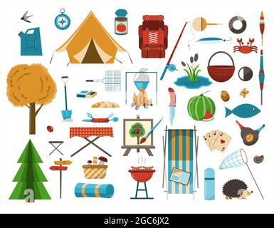 Ein großer Satz flacher Symbole für Camping. Vektorgrafik Cartoon-Illustration. Ausrüstung für Wandern, Bergsteigen und Camping-eine Reihe von Ikonen und Infografiken Stock Vektor