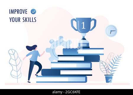Stapel von Büchern und Siegerpokal auf der Oberseite, Geschäftsfrau oder Kursteilnehmer steigt die Treppe, verbessern Sie neue Fähigkeiten und Bildungskonzept, trendiger Stil Vektor illustrat Stock Vektor