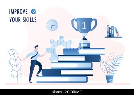 Stapel von Büchern und Siegerpokal auf der Oberseite. Geschäftsmann oder Student steigt die Treppe, verbessern neue Fähigkeiten und Bildungskonzept, trendigen Stil Vektor krank Stock Vektor