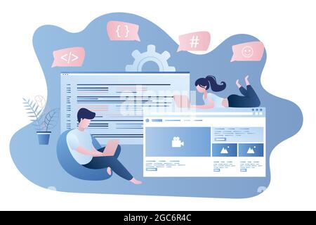 Front-End- und Back-End-Entwicklung, Codierer und Programmierer mit Laptops bei der Arbeit Stock Vektor