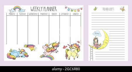 Wochenplaner und Liste mit niedlichen handgezeichneten Einhörnern, entzückenden Feenschwanz Tiere zu tun Stock Vektor