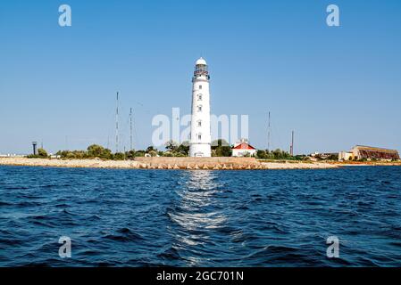 Chersonesskiy Leuchtturm, Kap Chersones, Sewastopol, Krim, Russland. Klarer, sonniger Tag. Stockfoto