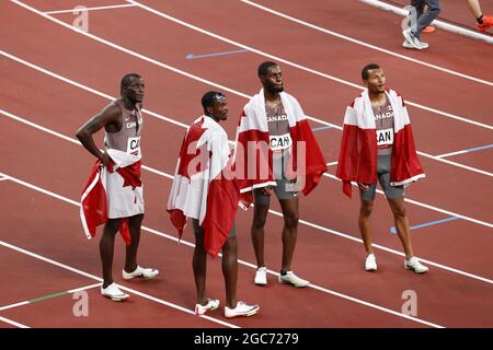 Tokio, Japan. August 2021. Team Canada Bronze Medal during the Olympic Games Tokyo 2020, Athletics Mens 4x100m Relay Final on August 6, 2021 at Olympic Stadium in Tokyo, Japan - Foto Kishimoto / DPPI Credit: Independent Photo Agency/Alamy Live News Stockfoto