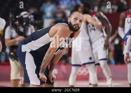 Tokio, Japan. August 2021. Evan FOURNIER (10) aus Frankreich während der Olympischen Spiele Tokio 2020, Basketball-Goldmedaillenspiel, Frankreich - Vereinigte Staaten am 7. August 2021 in der Saitama Super Arena in Tokio, Japan - Foto Ann-Dee Lamour / CDP MEDIA / DPPI Credit: Independent Photo Agency/Alamy Live News Stockfoto