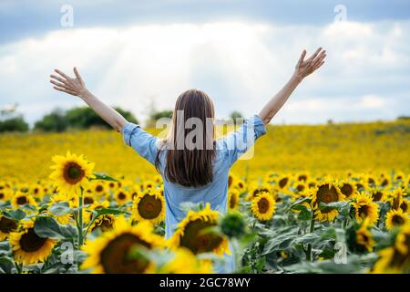 Eine Frau genießt die Freiheit in einem sonnigen Sonnenblumenfeld mit offenen Armen, Freedom Lifestyle Outdoor-Konzept Stockfoto