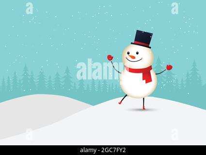 Frohe Weihnachten. Niedlicher lächelnder Schneemann mit rotem Schal im Winter. Vektorgrafik. Stock Vektor