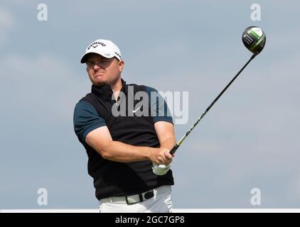 Am dritten Tag der Hero Open auf dem Fairmont St Andrews Golf Course, St Andrews, zieht sich der englische James Morrison am 2. Platz ab. Bild Datum: Samstag, 7. August 2021. Stockfoto