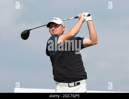 Am dritten Tag der Hero Open auf dem Fairmont St Andrews Golf Course, St Andrews, zieht sich der englische James Morrison am 2. Platz ab. Bild Datum: Samstag, 7. August 2021. Stockfoto