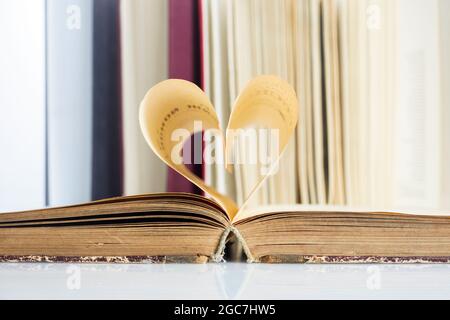 National Book Lovers Day. August 9. Das Buch öffnet sich, und die Buchseite rollt ins Herz Stockfoto