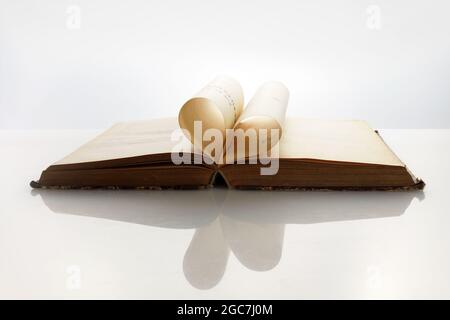 National Book Lovers Day. August 9. Das Buch öffnet sich, und die Buchseite rollt ins Herz Stockfoto