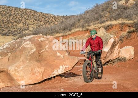 Reiten ein fettes Bike am Berg Desert Trail in Roter Berg Open Space in Northern Colorado, Ende Herbst Landschaft Stockfoto