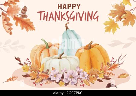 Aquarell Happy Thanksgiving Tag Hintergrund mit Herbstblättern und Kürbissen Stock Vektor